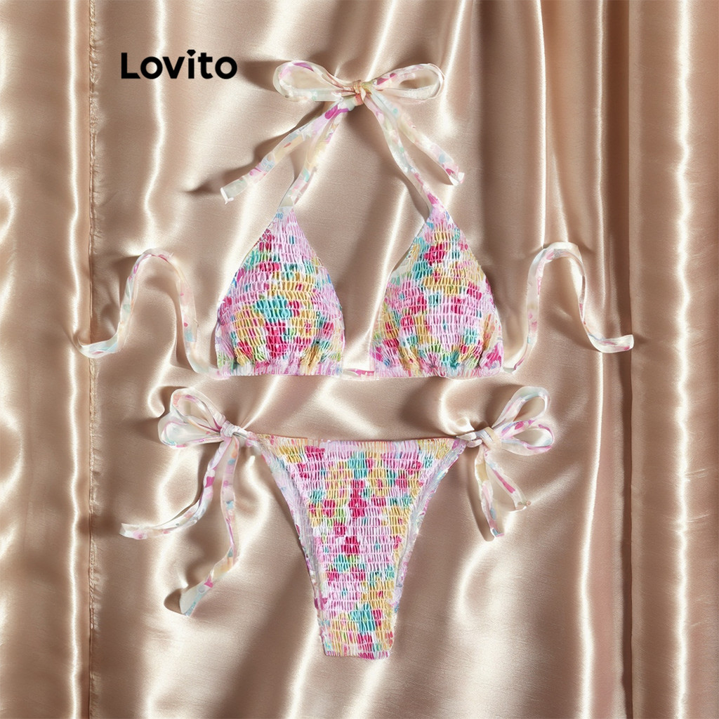 Lovito Conjuntos De Biquíni Elegantes Ditsy Floral Smocked Lace Up Bikini Set Para Mulheres LNL43036 em Oferta na Shopee