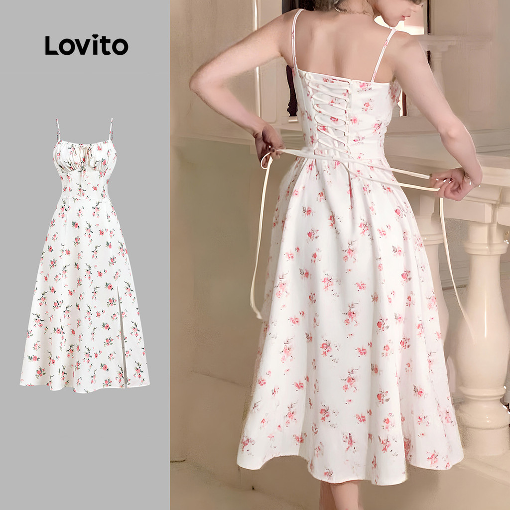 Lovito Elegante Vestido com Amarração Nas Costas Floral Casamento Evangélico Fem