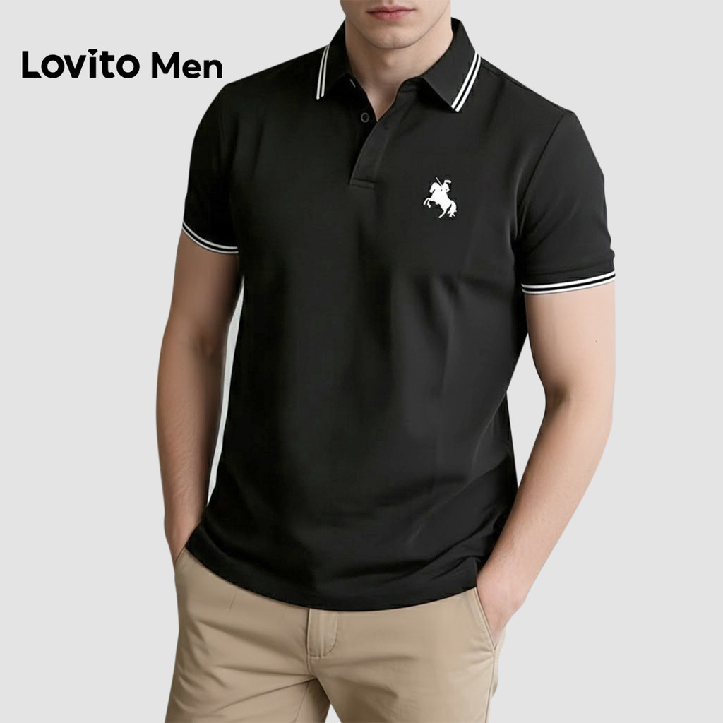 Lovito de Contraste Acabamento Binding Primavera/verão Polo Preta para Homens. LNE138087 em Oferta na Shopee