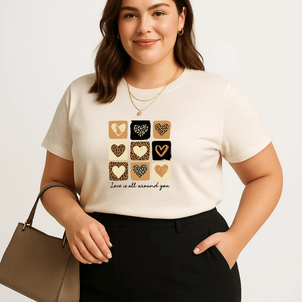 Camiseta Plus Size Premium Feminina Estampada Do P Ao G5 9 Coração Onca Academia Treino 100% Algodão Verão