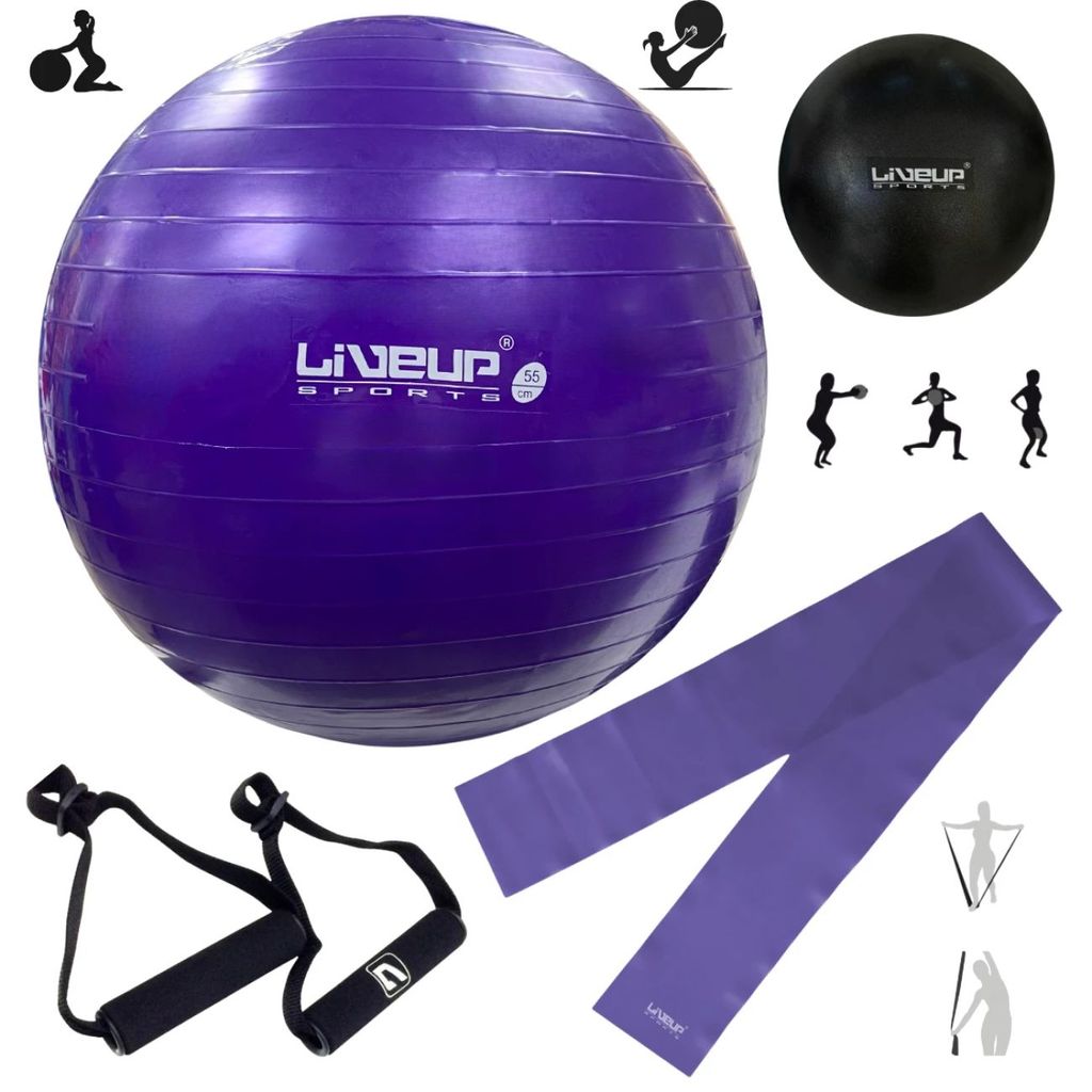 Kit Exercícios Pilates Bola 55cm + Faixa Média + Overball + Par Pegador Liveup Sports