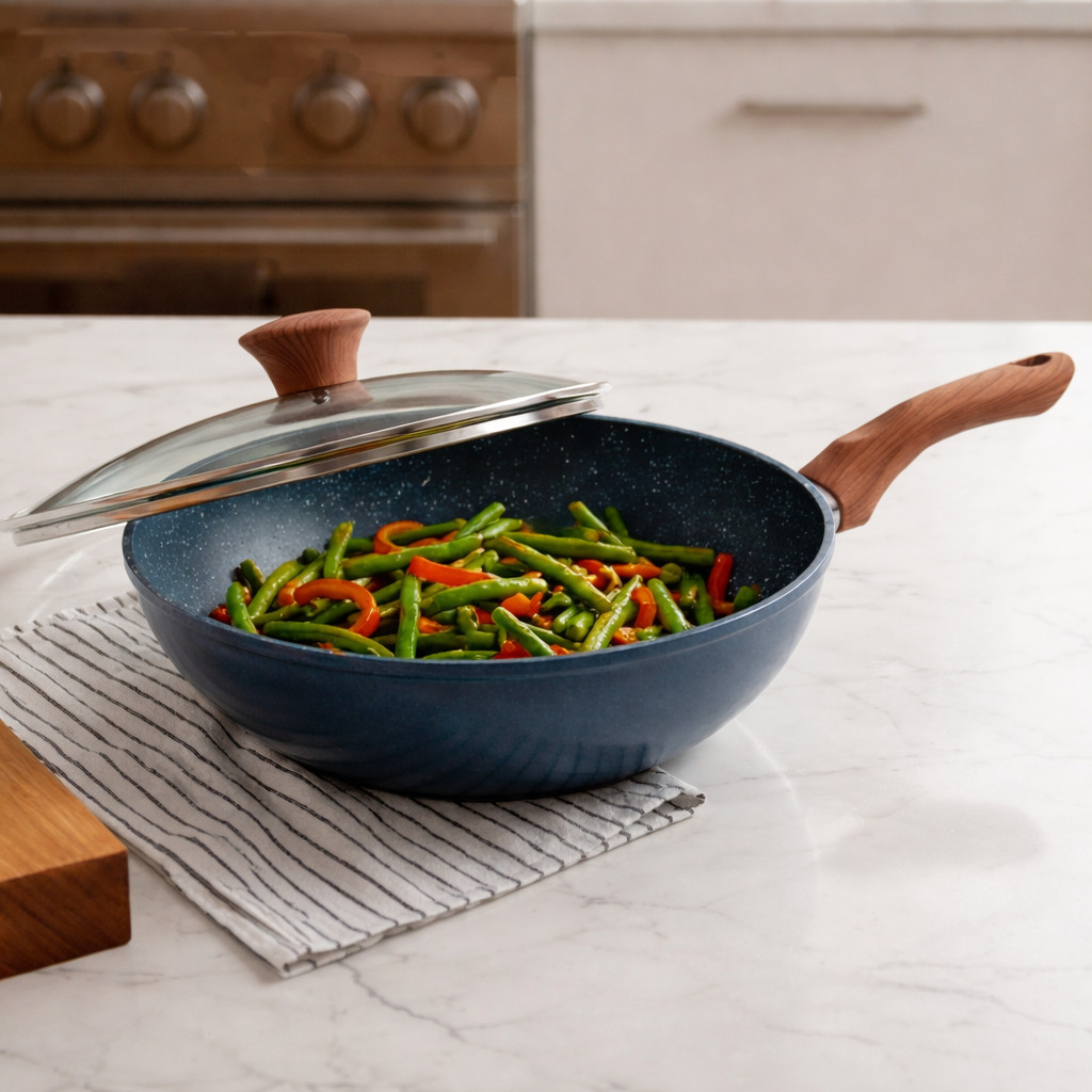 Imagem Frigideira Panela Wok Cerâmica Com Tampa Vidro 28cm 4,3 Litros Indução E Fogo Antiaderente Alumínio Grosso Profissional