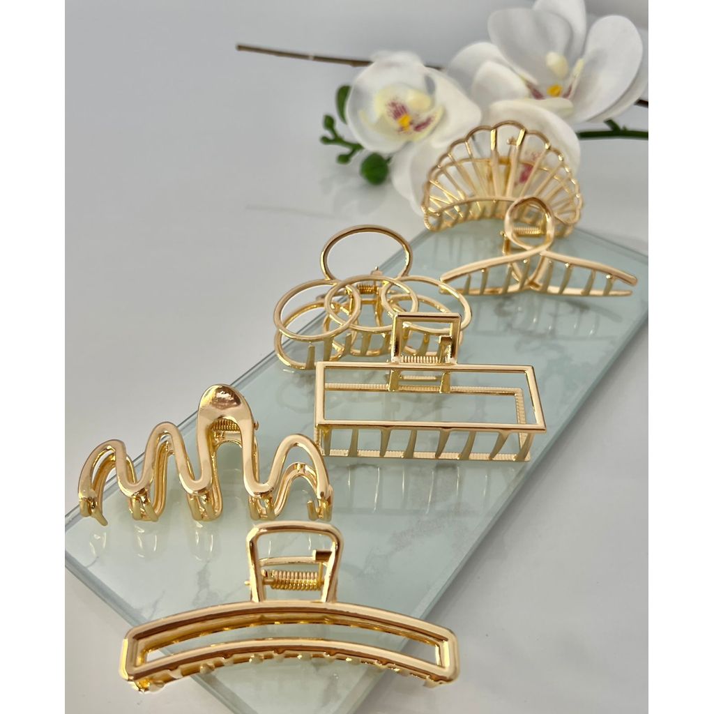 Kit com 2 Peças Prendedor de Cabelo Piranha Grande em Metal Dourado