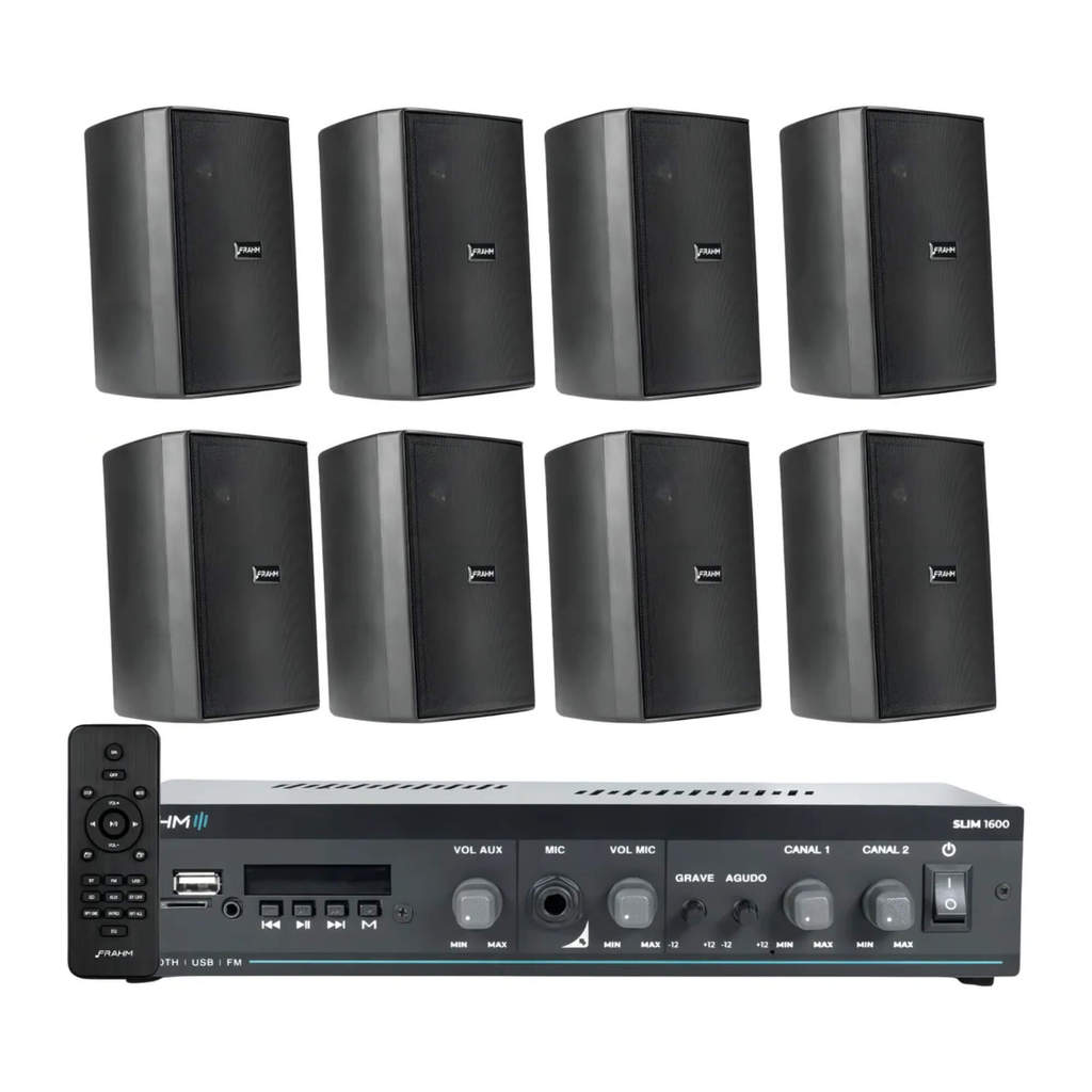 Kit Som Ambiente Frahm Salão de Beleza 200m² Amplificador Slim 1600 G5 + 8 Caixas de Som PS200 New