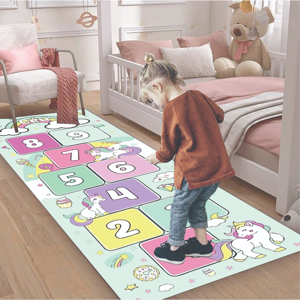 Amarelinha em Vinil Tapete Decoração Infantil Unicórnio Arco íris Brinquedo Lúdico Pedagógico Kids