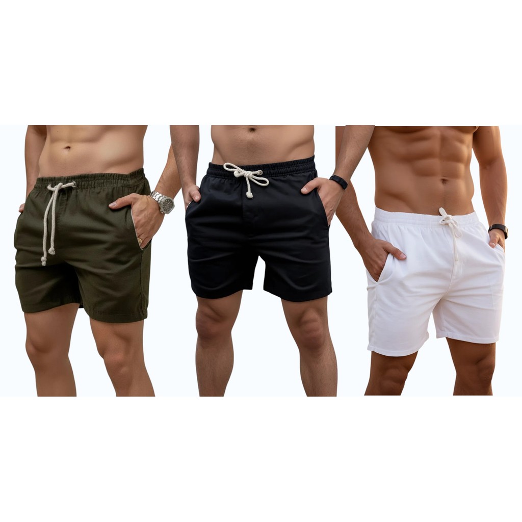 Kit 3 Short de Linho Masculino Mauricinho Premium Bermuda Casual Slim em Oferta na Shopee