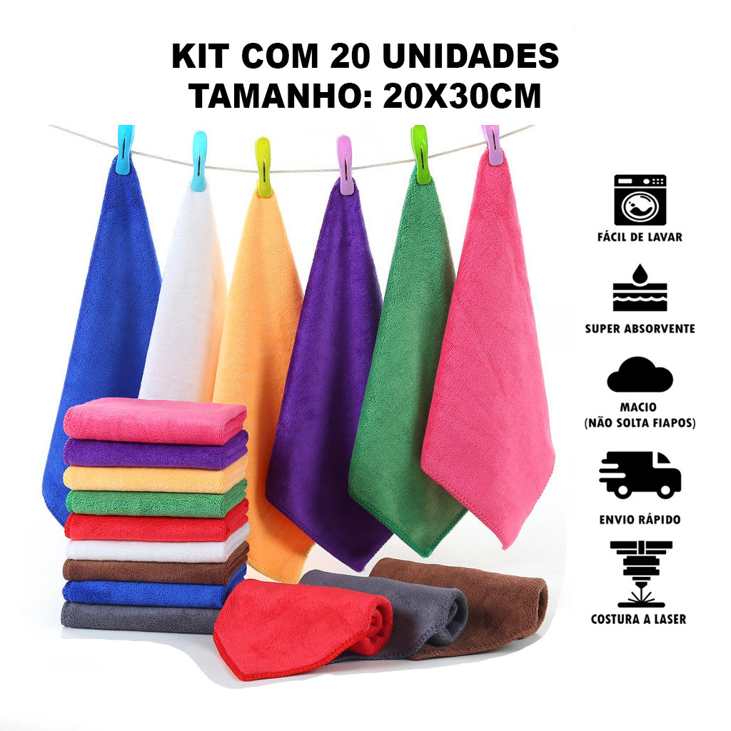 Kit 20 Panos de Limpeza 20x30cm Microfibra Multiuso em Oferta na Shopee