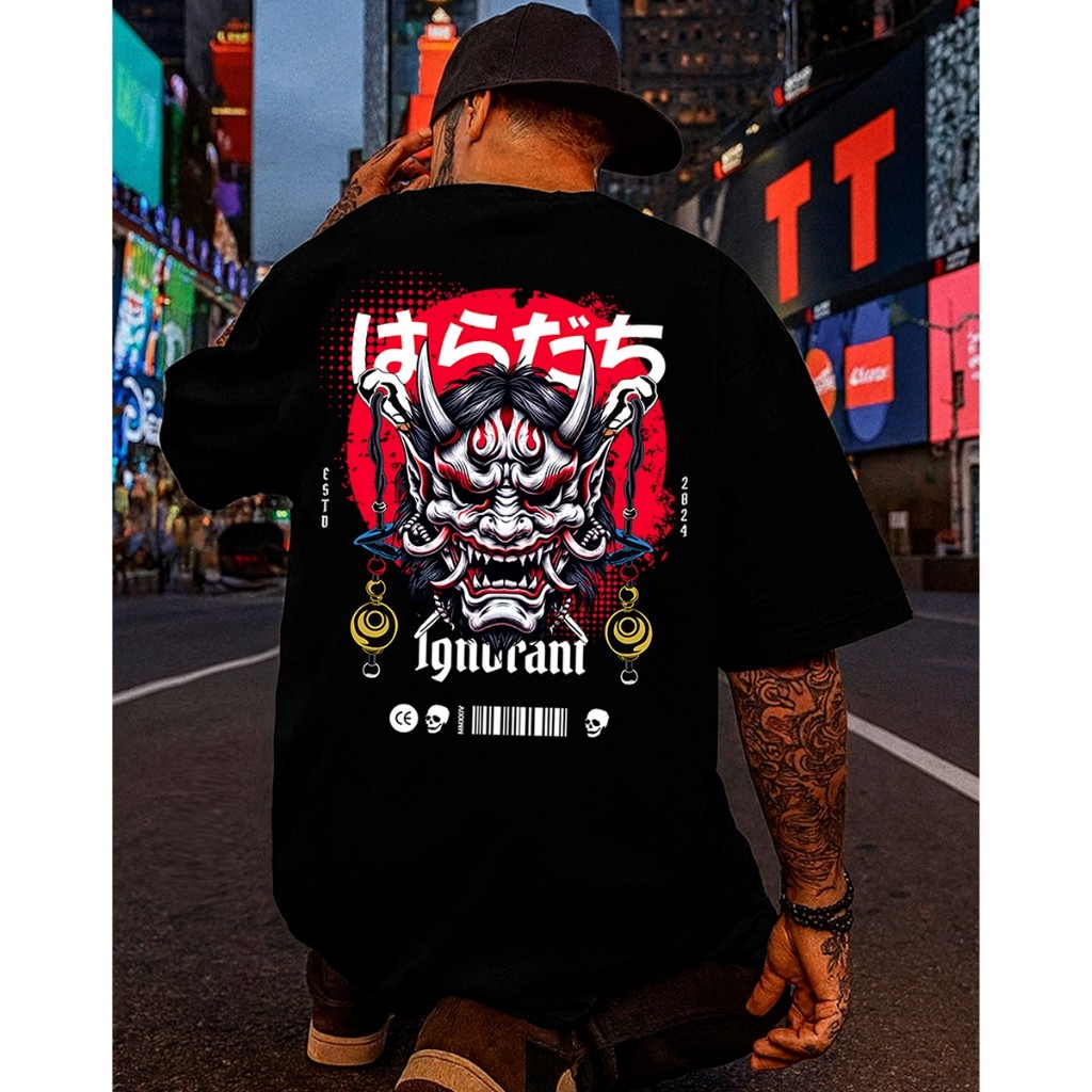 Camiseta Streetwear Masculina Oversized Ignorant Oni Mask Japonesa Estampa Algodão Penteado Premium confortavel, casual.