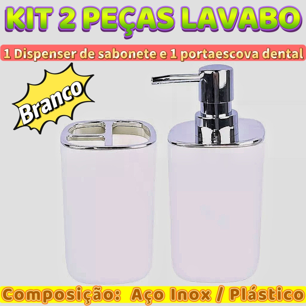 Kit Lavabo 2 Peças Com 1 Dispenser de Sabonete Líquido E 1 Porta Escova De Dente Branco Banheiro Pia