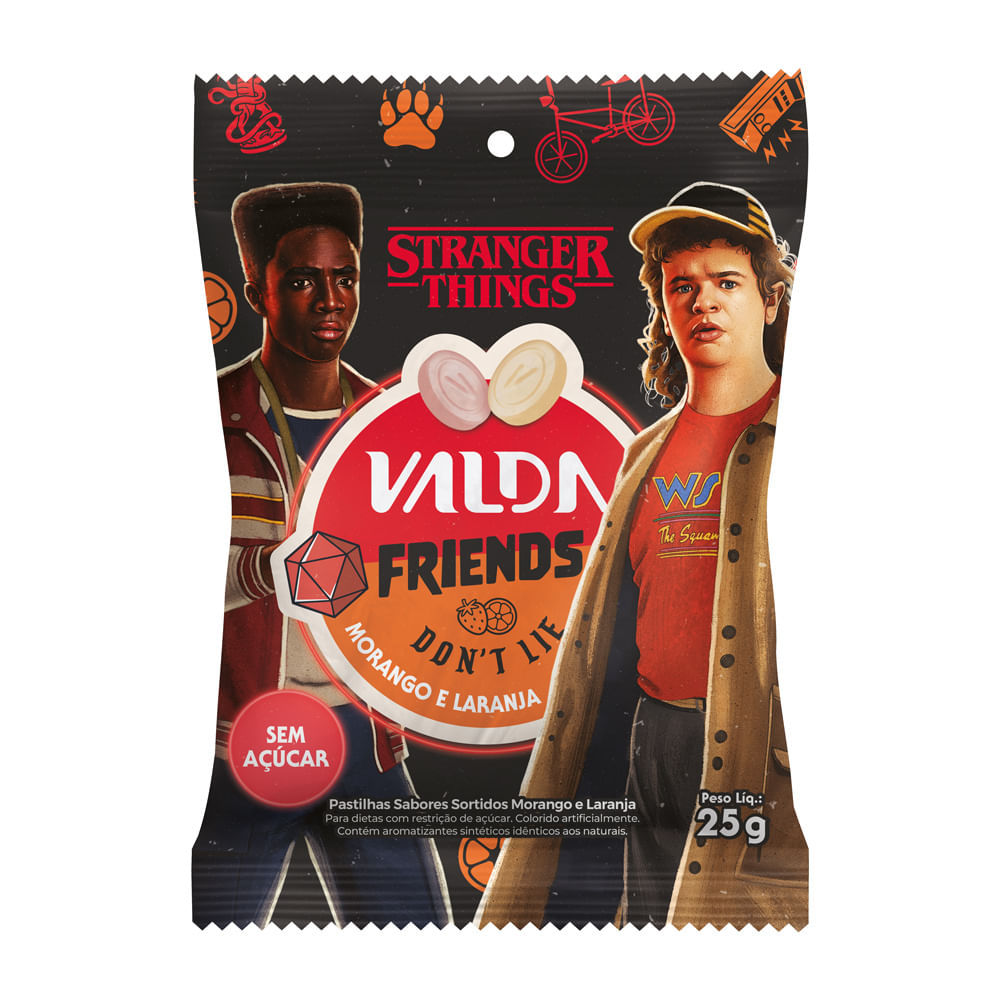 Pastilhas Valda Stranger Things Friends  Don'T Lie Sabor Morango e Laranja Sem Açúcar 25g