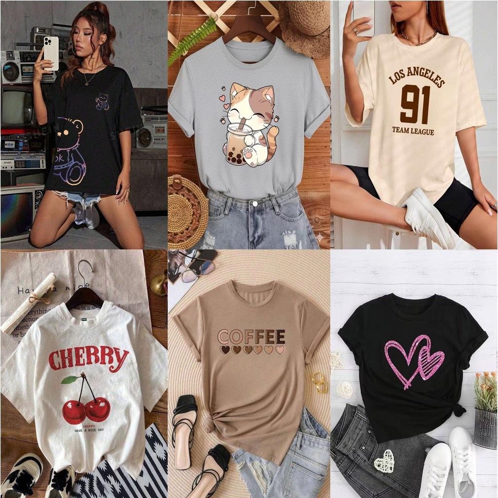 Kit 5 Camiseta FEMININA infantil adulto Plus size Algodão Casual Over QUEIMA DE ESTOQUE Estampa Cores Variada Sortida