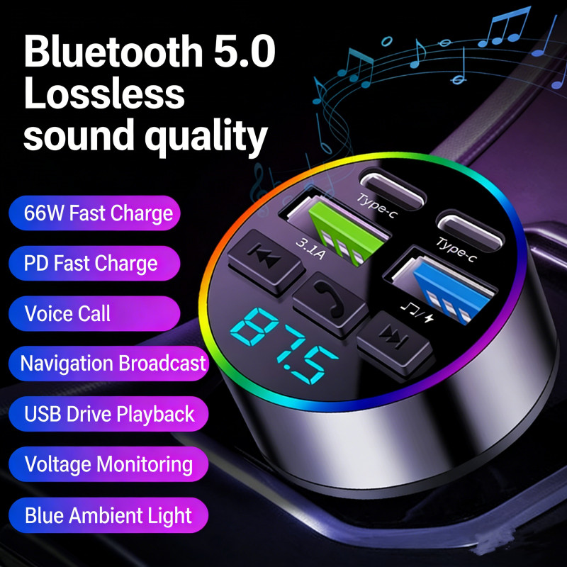 66W Bluetooth 5.0 Transmissor Fm Carregador De Telefone Para Carro 4 Portas Dual USB + Type-C Mp3 Music Player Isqueiro 
