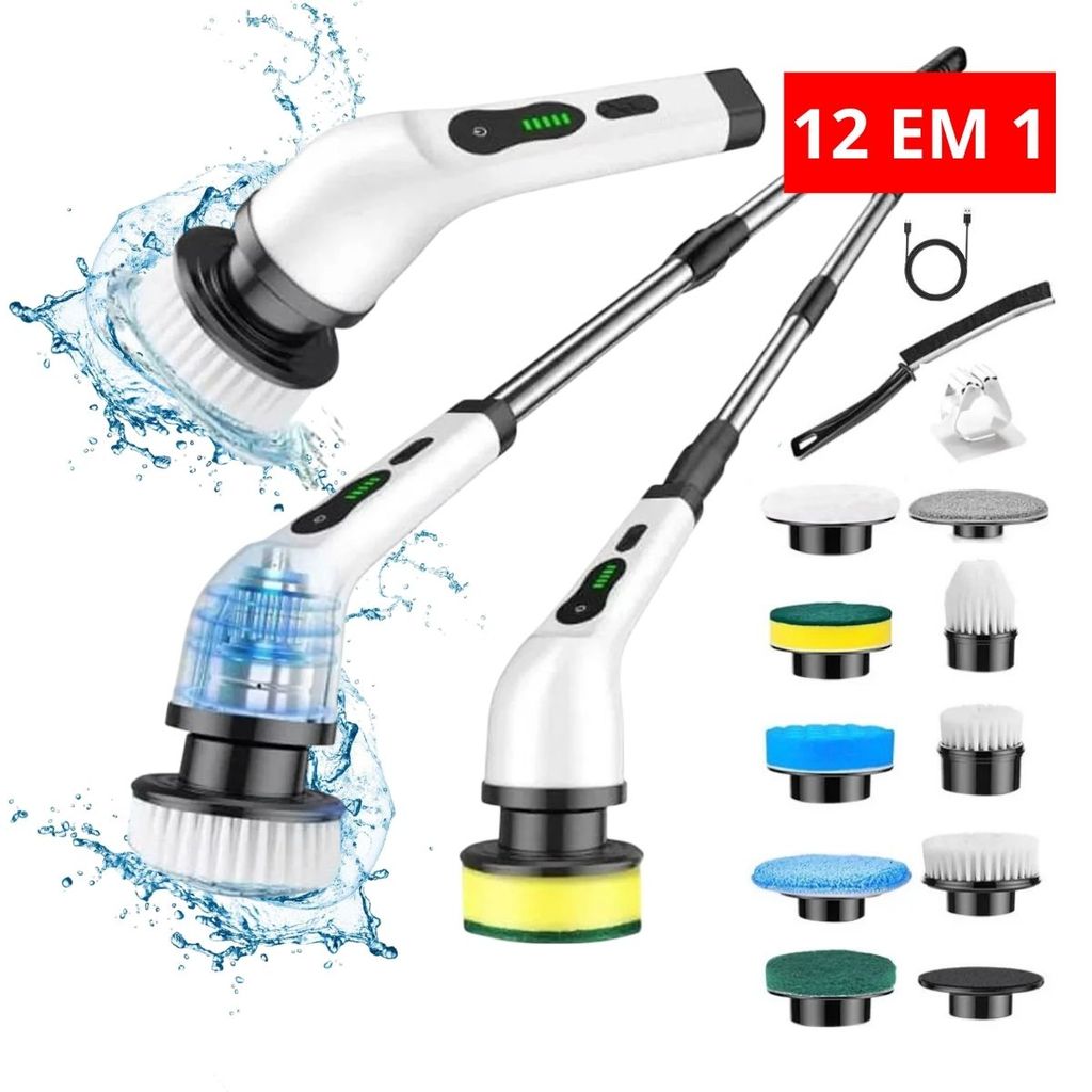 Escova Elétrica Limpeza Kit 12 em 1 Sem Fio Giratória Portátil Recarregável Cabo Regulável