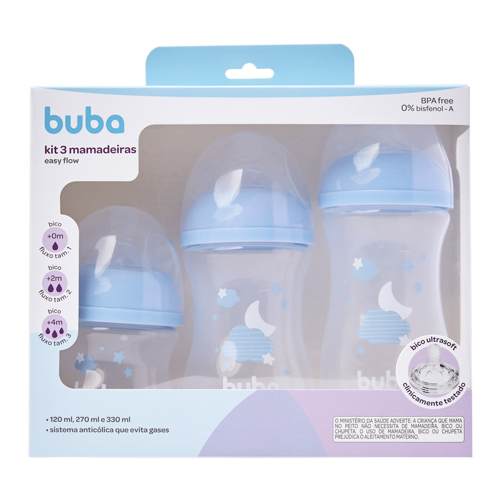 Kit 3 Mamadeiras Buba Easy Flow Nuvem Azul 120/270/330ml