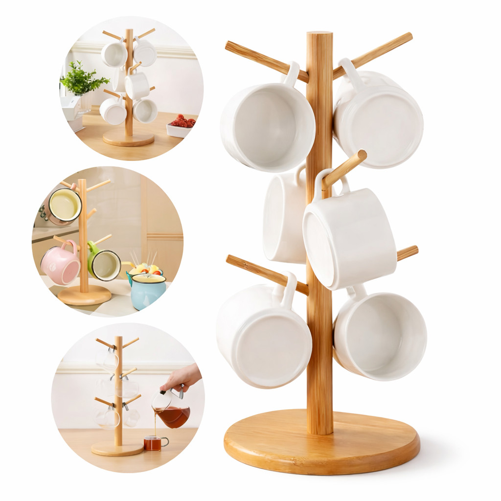 Suporte Porta Xícaras Organizador Em Bambu 6 Ganchos Guardar Xícara Mesa Posta em Oferta na Shopee