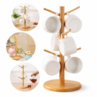 Suporte Porta Xícaras Organizador Em Bambu 6 Ganchos Guardar Xícara Mesa Posta em Oferta na Shopee