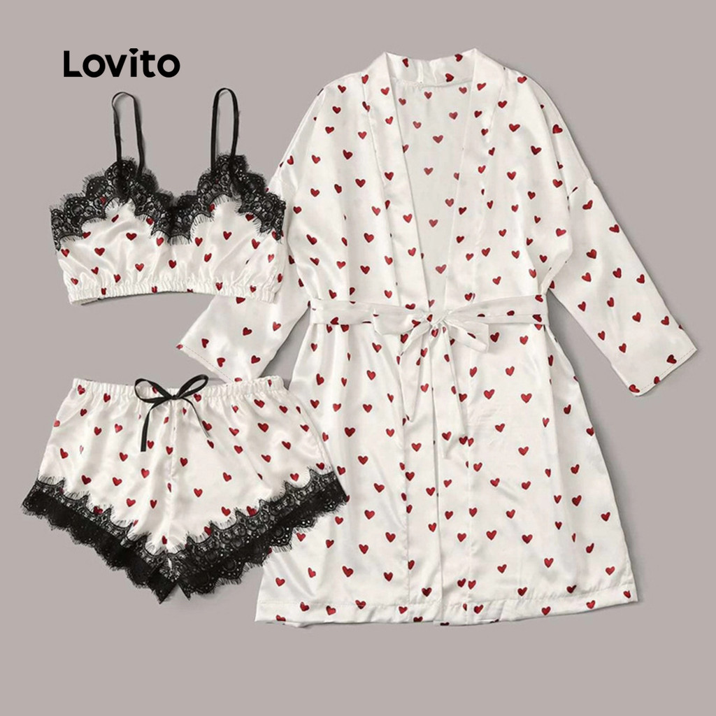 Lovito Conjunto Pijama 3 Peças Estampa Coração Renda Robe Primavera/Verão Mulheres LNE130076
