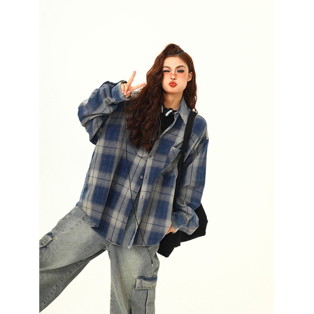 Americano Retro rua gradiente xadrez camisa das mulheres dos homens outono novo estilo solto All-Match camisa xadrez ove