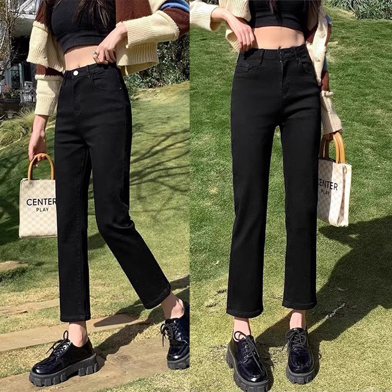 Preto reto Jeans feminino 2025 primavera outono venda quente pequeno tubo de cigarro cortado versão coreana calças corta