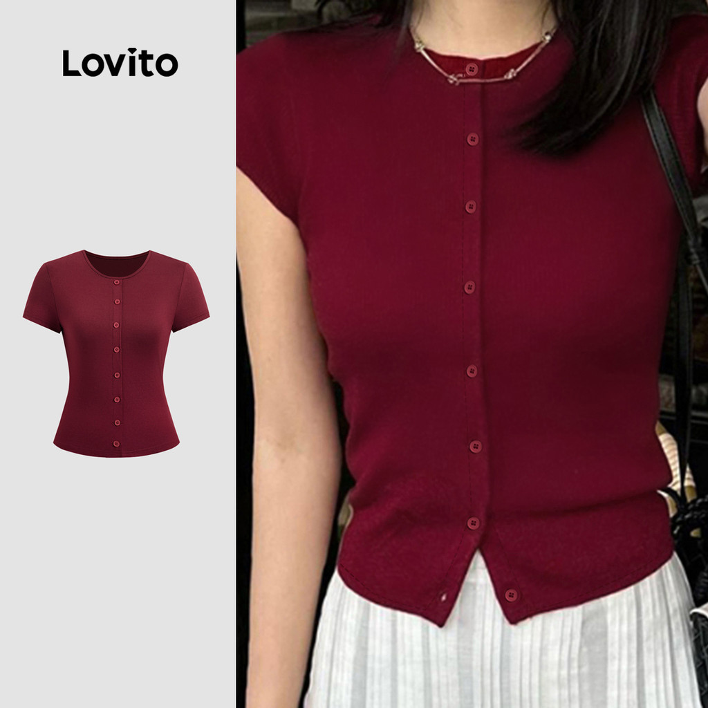 Lovito Blusa Casual Com Botões Cor Vinho Para Mulheres Ideal Para a Primavera/verão LK2ED783