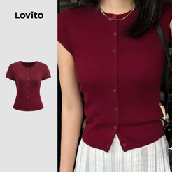 Lovito Casual Blusa Com Botões Cor Vinho Para Mulheres Ideal Para a Primavera/verão LK2ED783