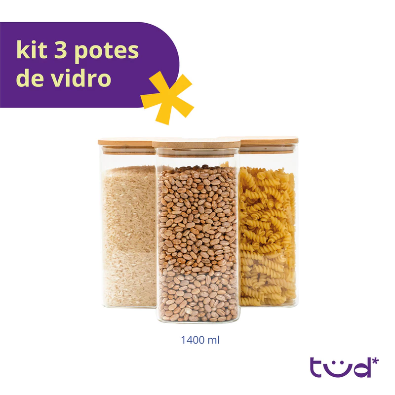 Kit 3 Potes de Vidro Herméticos 1,4L Quadrados com Tampa de Bambu Tüd — foto 3