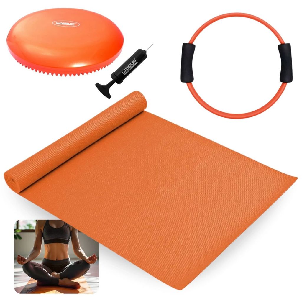 Kit Colchonete Tapete Yoga Eva Laranja 1,73m + Disco de Equilíbrio + Anel de Pilates Fortalecedor