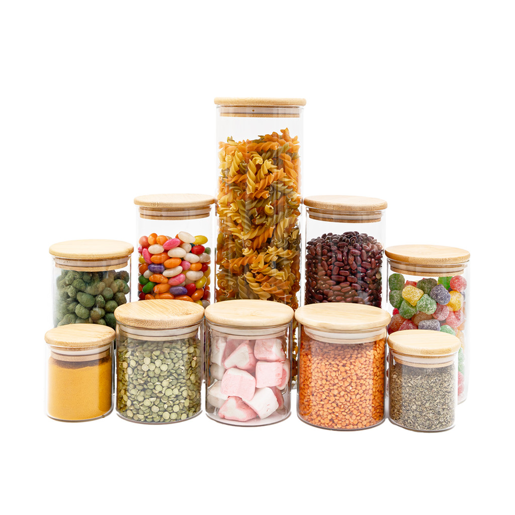 kit de 10 potes de vidro com tampa de bambu hermético redondo mantimento - Tud