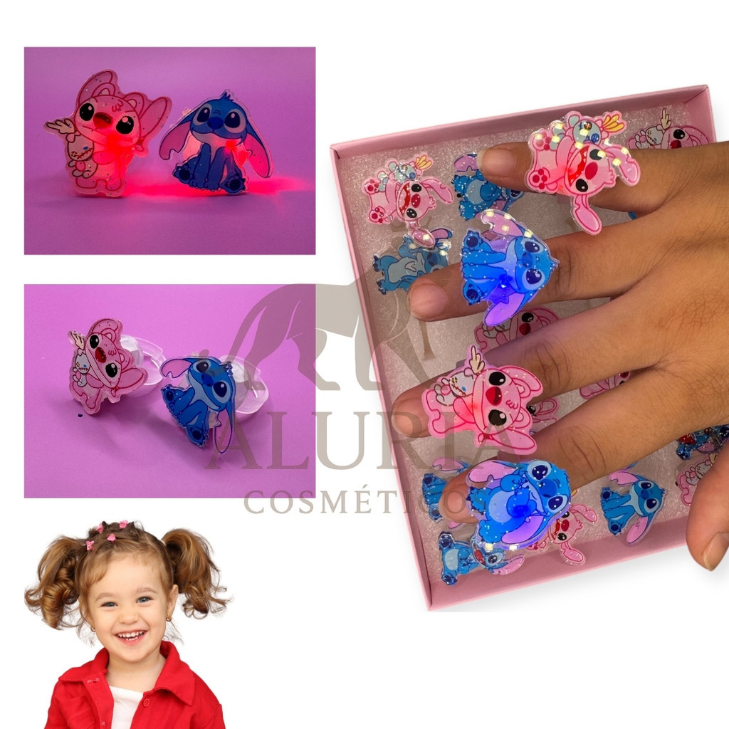 Kit 2 Anel Stitch e Angel de LED infantil