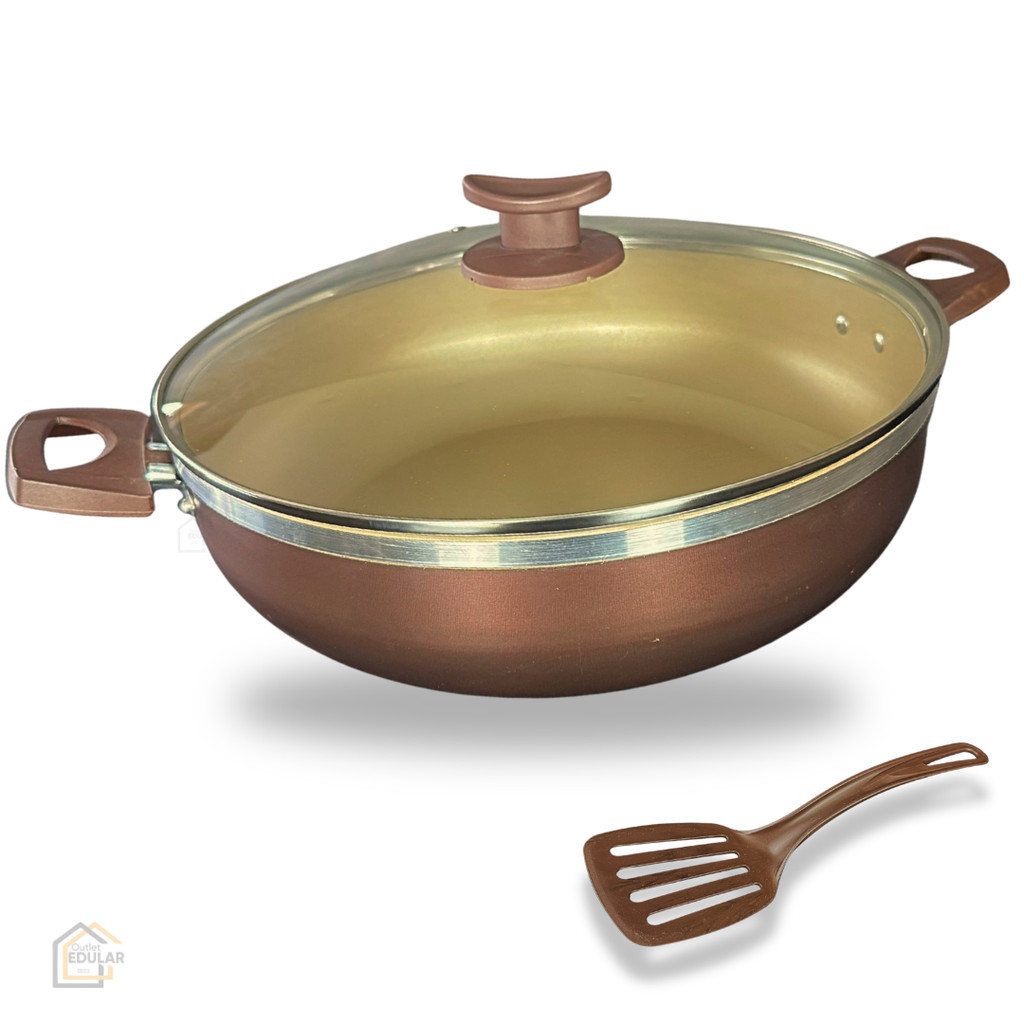 Frigideira Paella Wok 30 cm Panela Antiaderente 5 Camadas Teflon Tampa de Vidro Cor Marrom Dourado