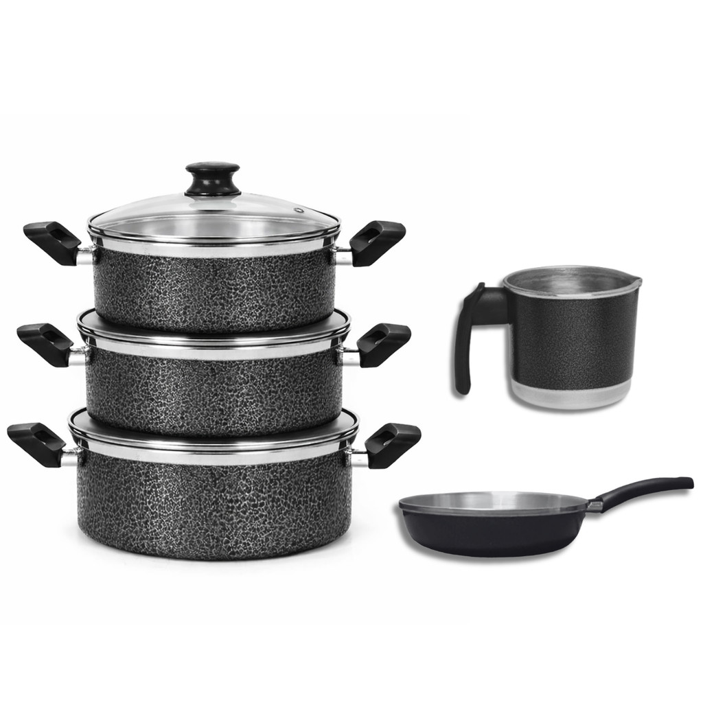 Jogo de Panelas Frigideira Caneco 5 peças com Tampa de Vidro