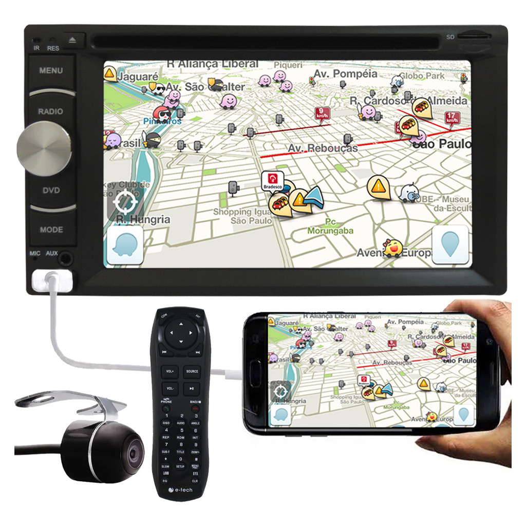 DVD Player Automotivo 2 Din E-Tech Universal Tela 6.2 Espelhamento Bluetooth USB Rádio + Câmera Ré
