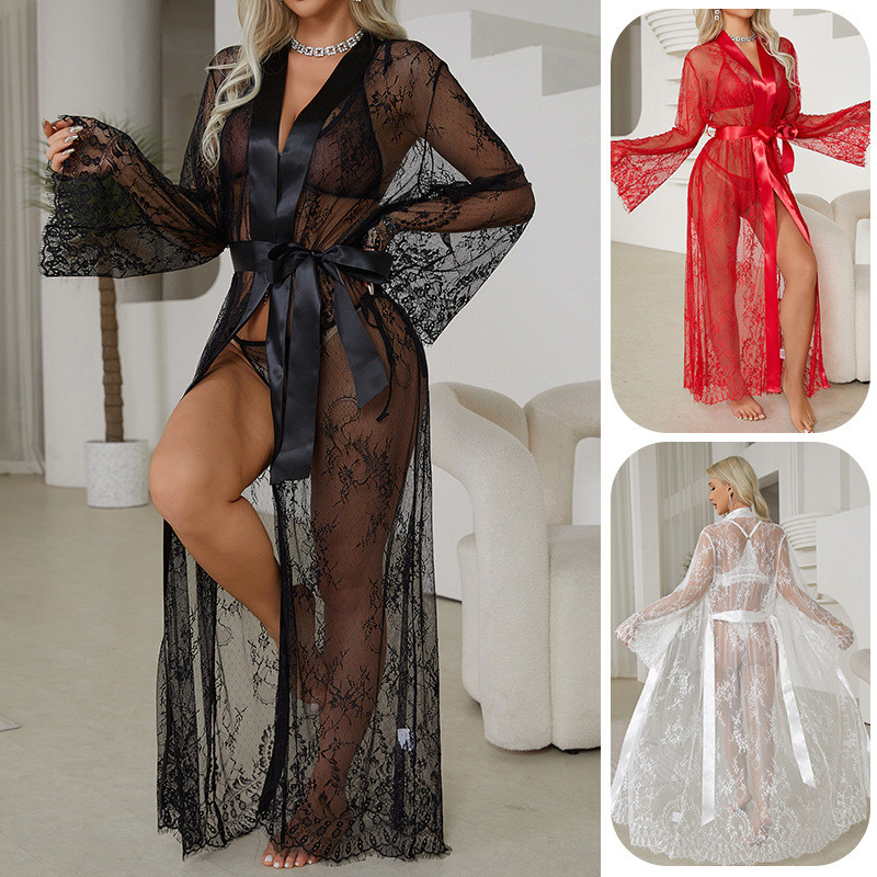 Roupão sensual com acabamento em renda, roupa de dormir transparente e sedutora para mulheres, adequada para uso domésti