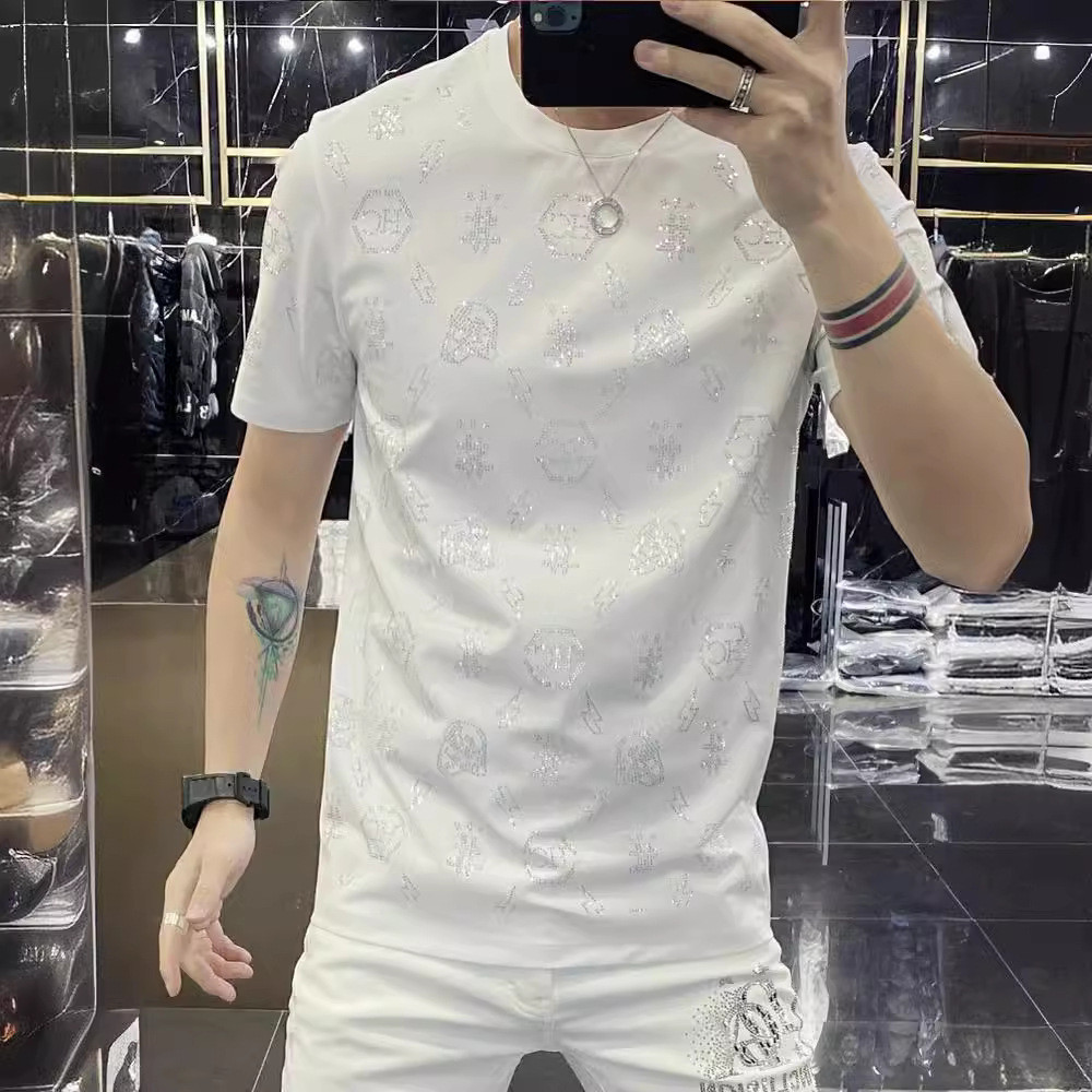 Verão novo estilo camiseta masculina europeu americano na moda Casual quente diamante em torno do pescoço fino-ajuste me