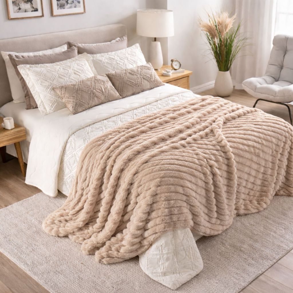 Manta Cobertor Canelada Premium Bege Cama Casal Antialérgico Extra Macia Soft em Oferta na Shopee