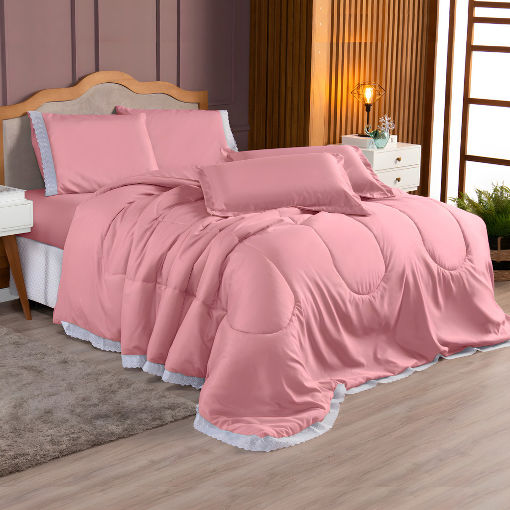 Kit Cama Posta Casal Edredom Jogo Lençol 400 Fios Com 6 Pçs