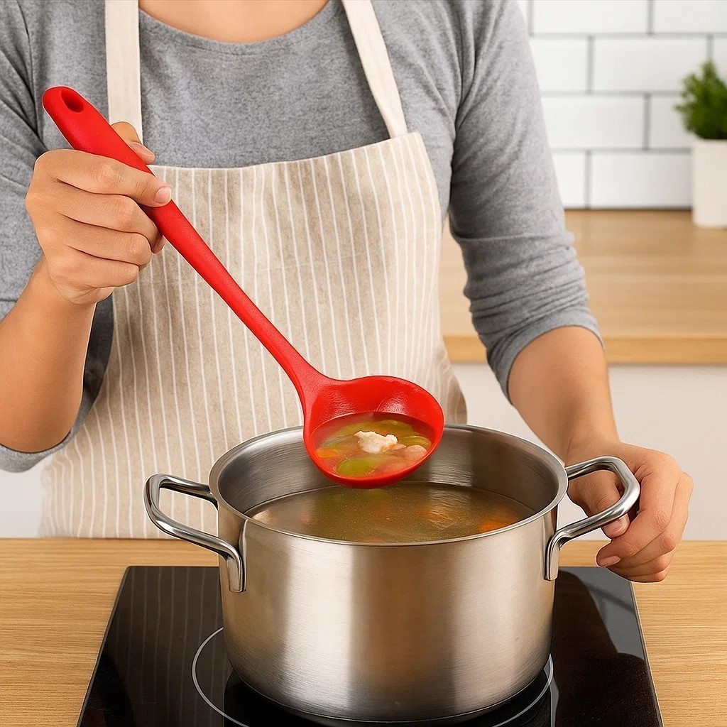 Concha Silicone Vermelha 28,5cm Pegador Sopa Molho Feijão Servir Utensílio Cozinha