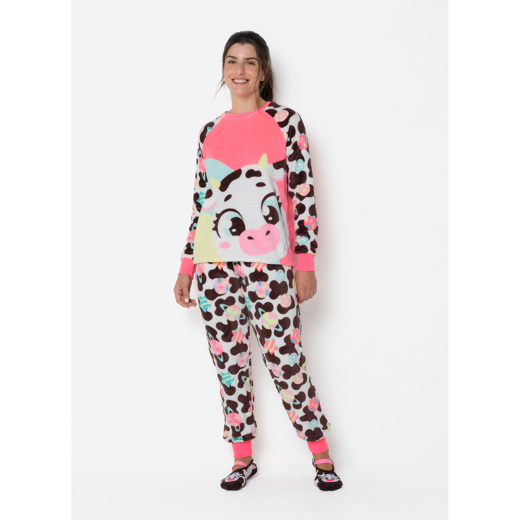 Pijama Manga Longa Soft Feminino Vaca Chocolate - Puket em Oferta na Shopee