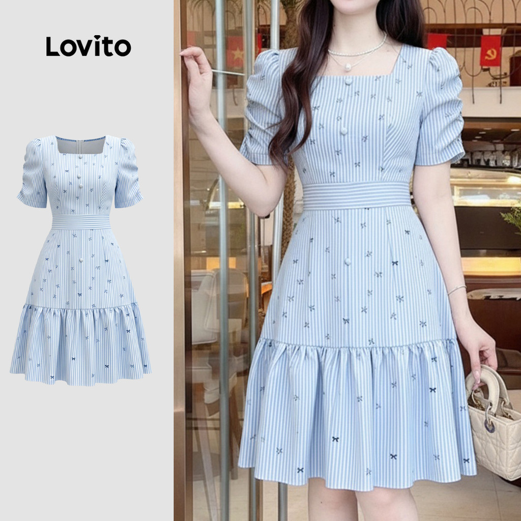 (Elegante) Lovito Nacional Vestido Feminino Babados na Bainha Confortável Azul Claro Primavera/verão LK4ED1823