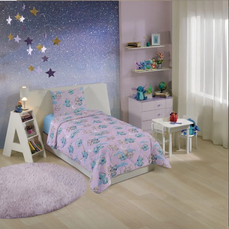 Edredom Dupla Face Microfibra Solteiro Estampado Stitch 1,40 m x 2,10 m Com 1 peca