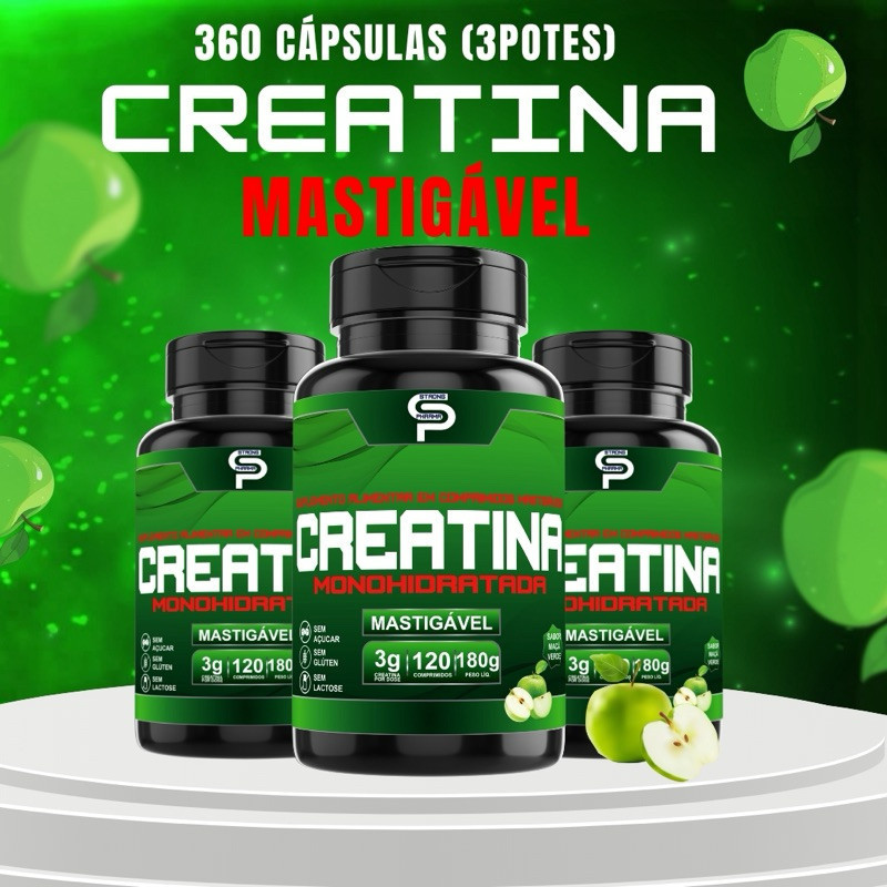 Creatina Pura Mastigável Creapure 120 caps Maçã Verde – Energia e Força para Atletas – Original