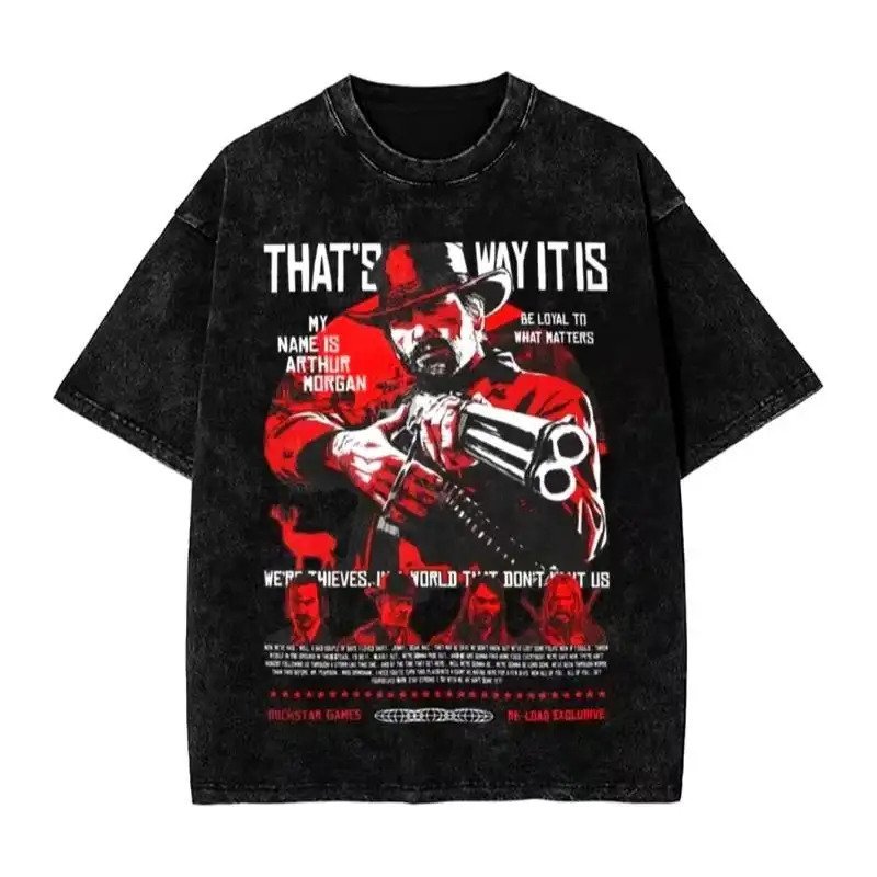 Camiseta Red Dead Redemption 2 de Arthur Morgan, Algodão Lavado, Cor Vermelha, Corte Solto Streetwear, Gola Redonda, Cam