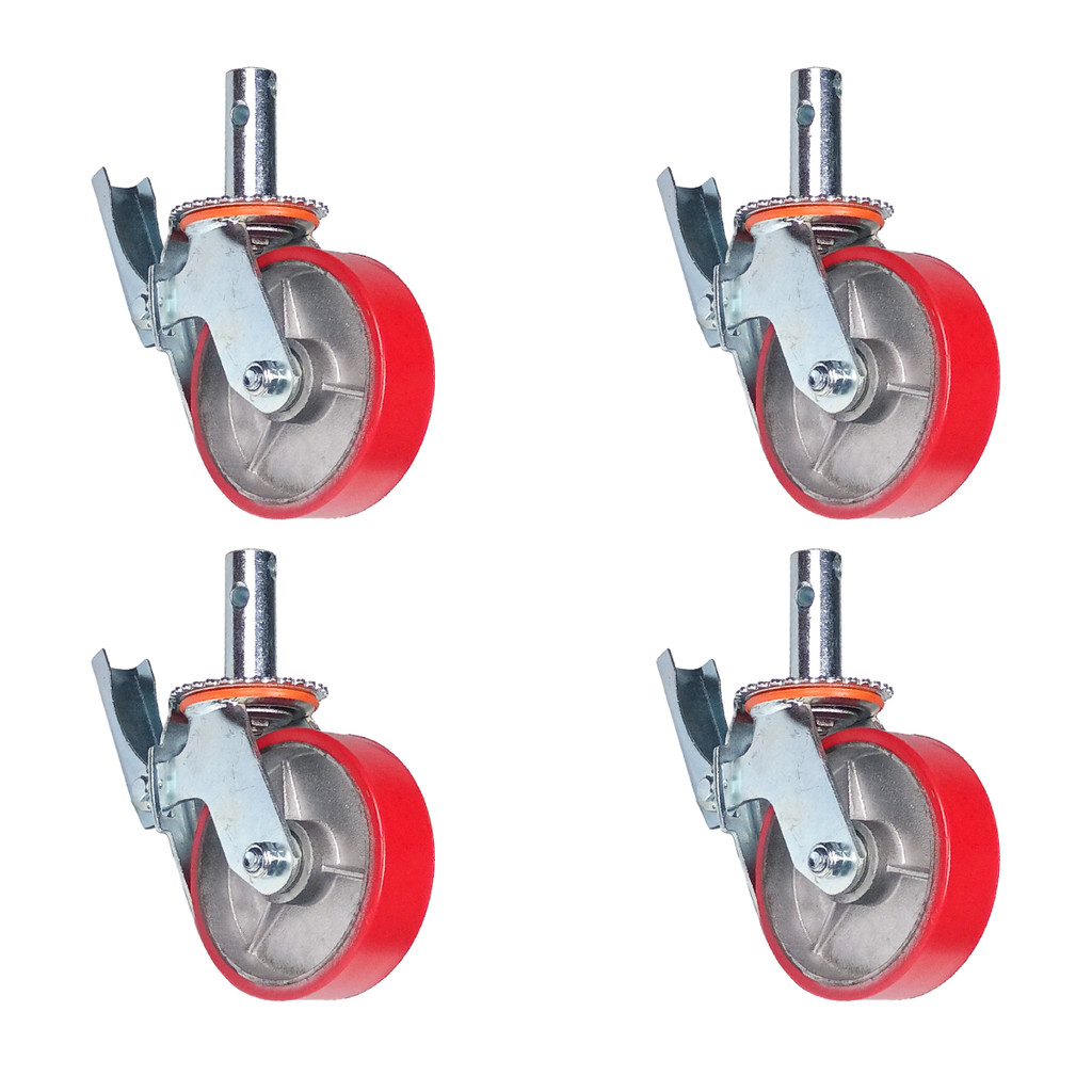 Kit 4 Rodízios Giratórios Roda Metálica Borracha Andaime 6" Trava Freio 1600 kg Reforçado Vermelho