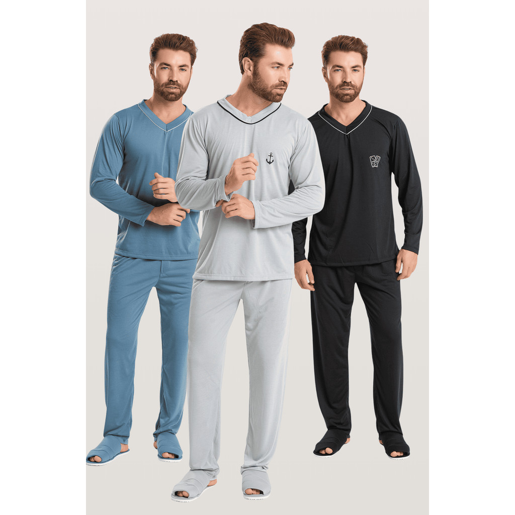 KIT 3 Pijama Longo De Inverno Masculino Adulto