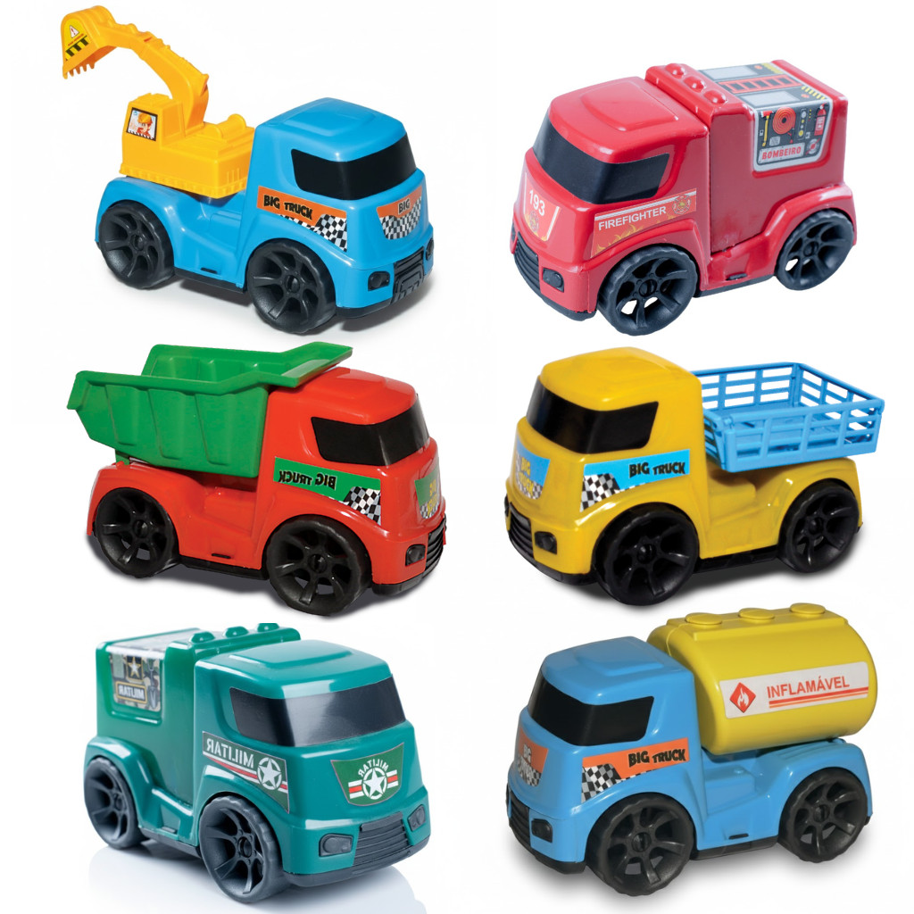 Kit 6 Carrinhos Amar é Brinquedo Menina e Menino, Bombeiro, Tanque, Retro, Carroceria, Caçamba e Militar