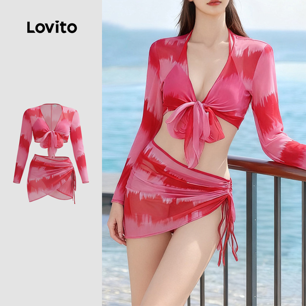 Lovito   Conjuntos de Biquíni Amarração para Primavera/Verão Biquíni Vermelho Rosa para Mulheres LNE134032