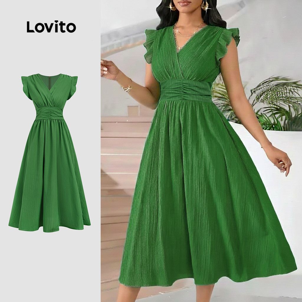 Lovito Vestido Elegante com Babados e Pregas para Primavera/verão Verde para Mulheres. LBL33025 em Oferta na Shopee