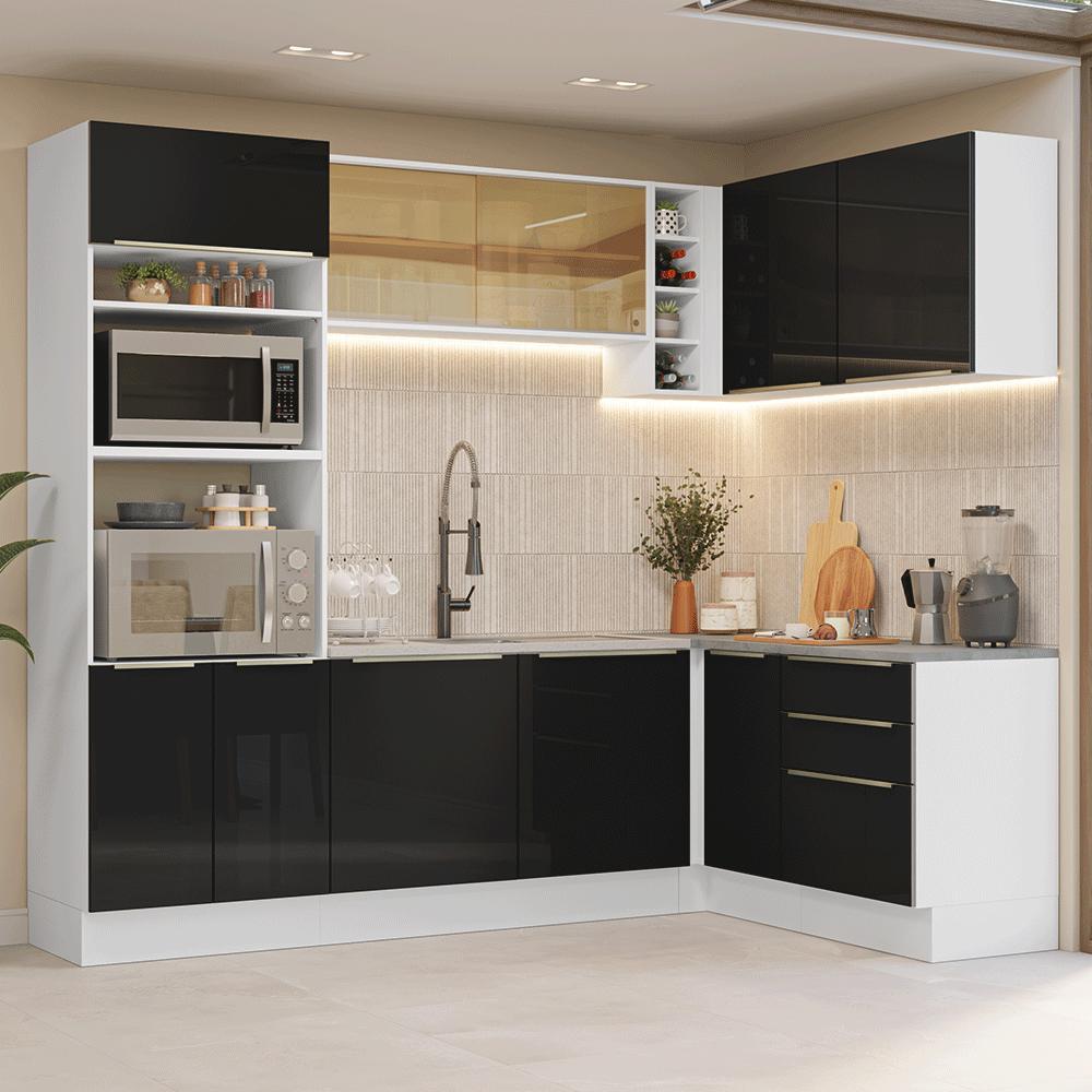 Armário de Cozinha Completa de Canto 399 cm Branco/PretoLux Madesa 01