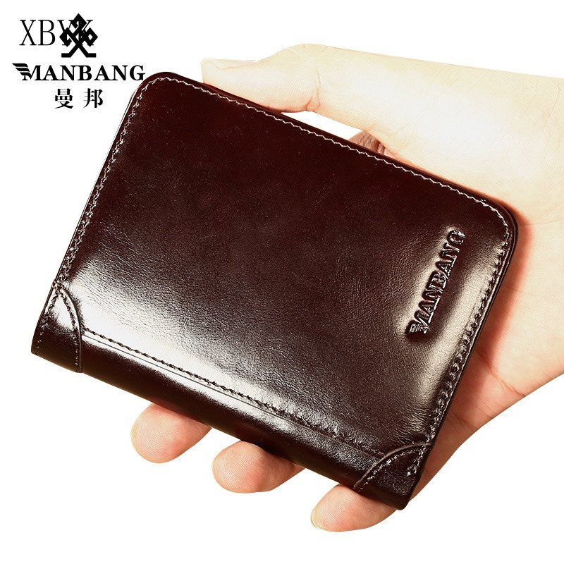 Porta-Cartões Anti-RFID Manbang em Couro Genuíno, Carteira Masculina Curta Vertical Tripla para HJMA