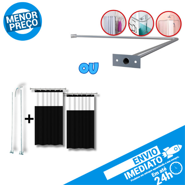 Kit Suporte Curvado em L + 2 Cortinas De Box Para Banheiro OU Suporte Varão Curvado em L